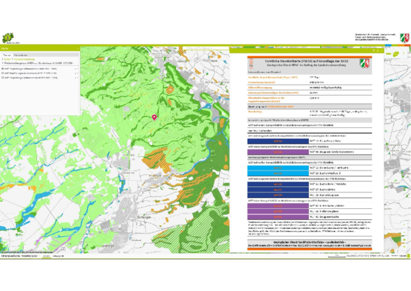 Abb. 2. Darstellungsbeispiel für die Karte WET-Empfehlungen nach Standorttypen; hier für die Klimanormalperiode 1981-2010 mit geöffneter Informationsseite (rechts) für den ausgewählten Punkt (Mitte)