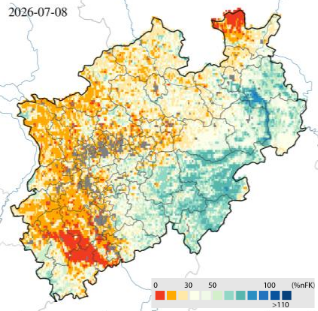 Karte des UFZ-Dürremonitors für Nordrhein-Westfalen mit der Bodenfeuchte im Oberboden bis 25 cm Tiefe. Rot steht für geringe, Grün und Blau für hohe pflanzenverfügbare Wassermengen.